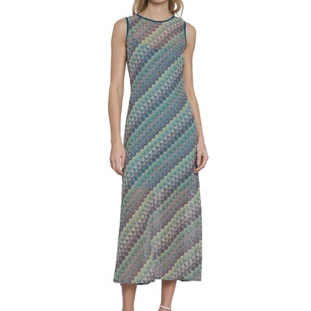 Donna Morgan Multi Color Crochet Knit Midi Dress Keyhole Back DX003M-MX Size 6